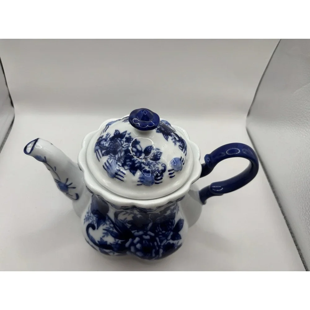 Tea Pot Scalloped Rim Flowered Porcelain, Cobalt Blue And White Cottage Granny